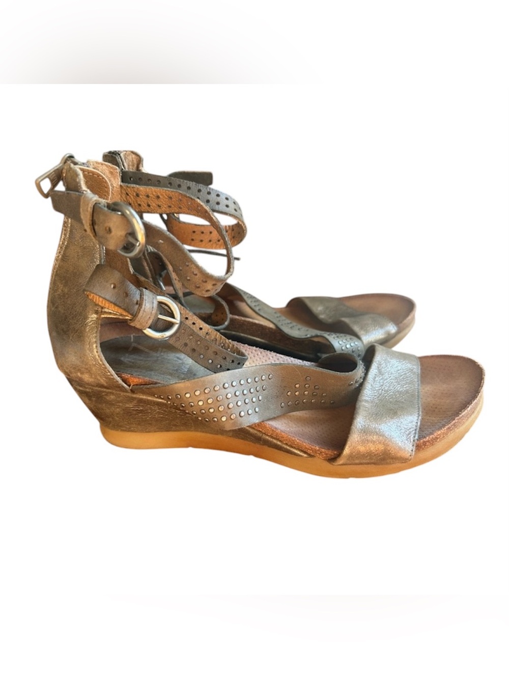 Miz Mooz Millie Bronze Leather Strappy Wedge Sandals Size 40 (9.5)